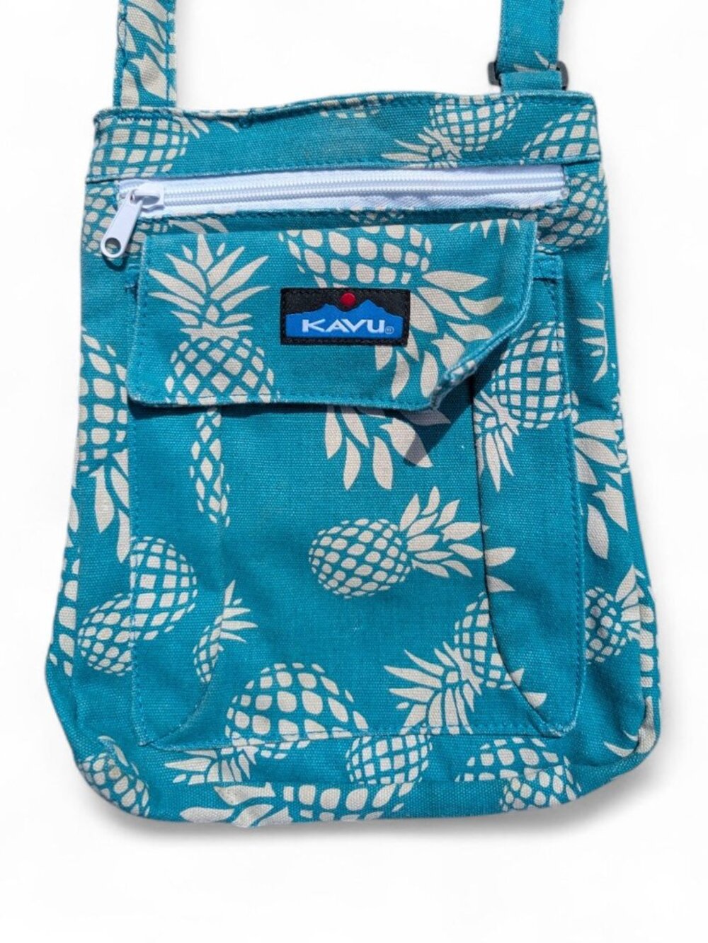 Kavu Rope crossbody Pineapple Passion Print teal Zippered Pockets 12" purse bag